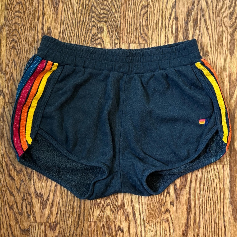 Aviator Nation Black Athletic Shorts with Rainbow Stripes